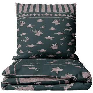 Leonado Vicenti Bettwäsche 135x200 cm Thermofleece Dunkelgrün Grau Streifen Tannenbaum Winterdesign 4 teilig