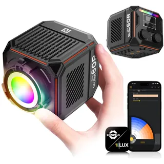 Rollei LUX 60 RGB Cube Led Videoleuchte, 60 W Lichtleistung Dauerlicht Fotografie mit Eingebautem Akku DC/Typ C Aufladung Steuerung per Candela App, Videoleuchte-Licht-Fotografie-Studio-Fotolampe