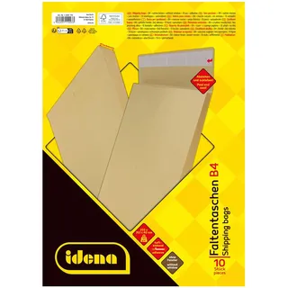 IDENA 11093 - Versandtaschen DIN B4, 10 Stück haftklebend, Faltentaschen mit 4 cm Bodenfalte, Briefumschläge ohne Fenster, aus 140 g/m2 FSC-Recycled Papier in Braun