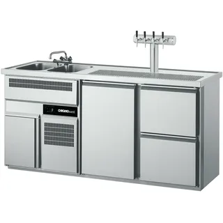 CHROMOnorm Getränketheke mit zwei Becken links, eine Tür und 2 Züge 1/2