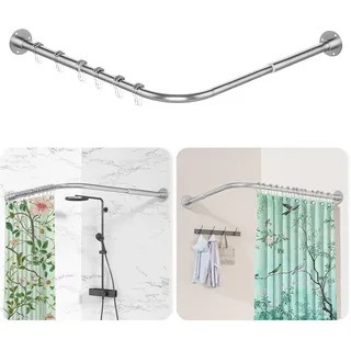 Duschvorhangstange L Form, [60-134 cm] × [60-134 cm] Verstellbare Duschstange Ecke, Duschvorhang Halterung mit 12 ringen & Deckenstütze für Badewanne/Badezimmer, Bohr-Montage Erforderlich, Silber