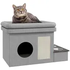 Katzenhöhle, Katzenhaus, Katzenhütte mit 2 Edelstahlnäpfen, Katzenbett mit Kissen, Kratzmatte, Hundehaus für Katzen und Hunde bis 8 kg, Polyester, 78 x 48 x 49,5 cm, Grau