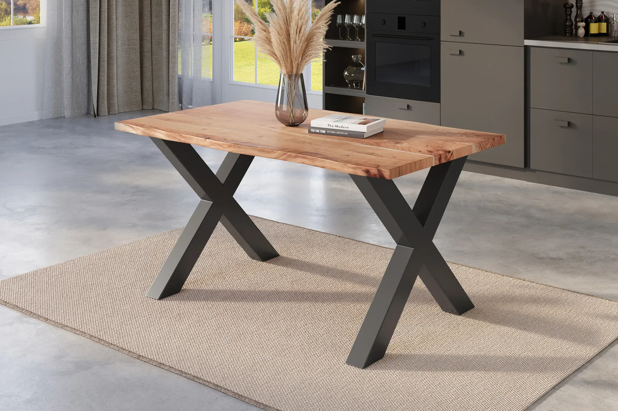 Esstisch Baumkante 140 x 80 cm Akazie natur massiv X-Gestell schwarz NICK