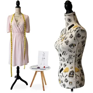 Relaxdays Schneiderpuppe, 36/38, höhenverstellbar 160–175 cm, Holzständer, London-Design, Creme/schwarz