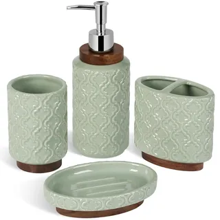 RQYIXI Badezimmer-Zubehör-Set, Zahnbürstenhalter, Seifenspender, Keramik-Badezimmer-Set mit Zahnputzbecher, Seifenschale, Becher, 4-teilig