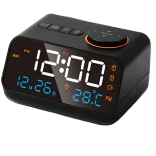 Feeshoppher Funkuhr LED Wecker Radio Digitaler Wecker Radios FM Radios Uhr mit digitalem Kalender Temperatur Luftfeuchtigkeit Display Sensor (Schwarz)