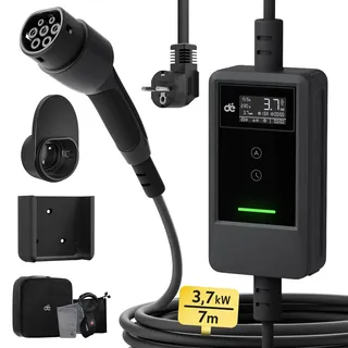 dé Ladekabel Elektroauto Typ 2 Schuko 3,7kW [7m, 6-16A] EV Charger Mit Kabelhalter und digitalem LCD - EV Ladegerät für e Auto Model 3/Y, ID.3/4/5, MG4, Q4, GLA, Zoe und Anderen PHEV/EV