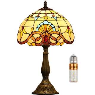 Kinbolas Tischlampe im Tiffany Stil,Vintage Nachttischlampe Schlafzimmer Deko Lampe,Jugendstil Art Deco Tischleuchte,Bunte Glas Barock lampenschirm 30cm / 12 Zoll mit E27 Birne