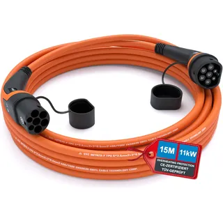 TEUTSCHTECH Typ 2 Ladekabel für Elektroauto oder PHEV | 15M | Typ 2 auf Typ 2 | 11kW | 3x16A | 3-phasig | Modus 3 | Temperaturüberwacht | Sicher Laden und Schutz vor Brand | Orange