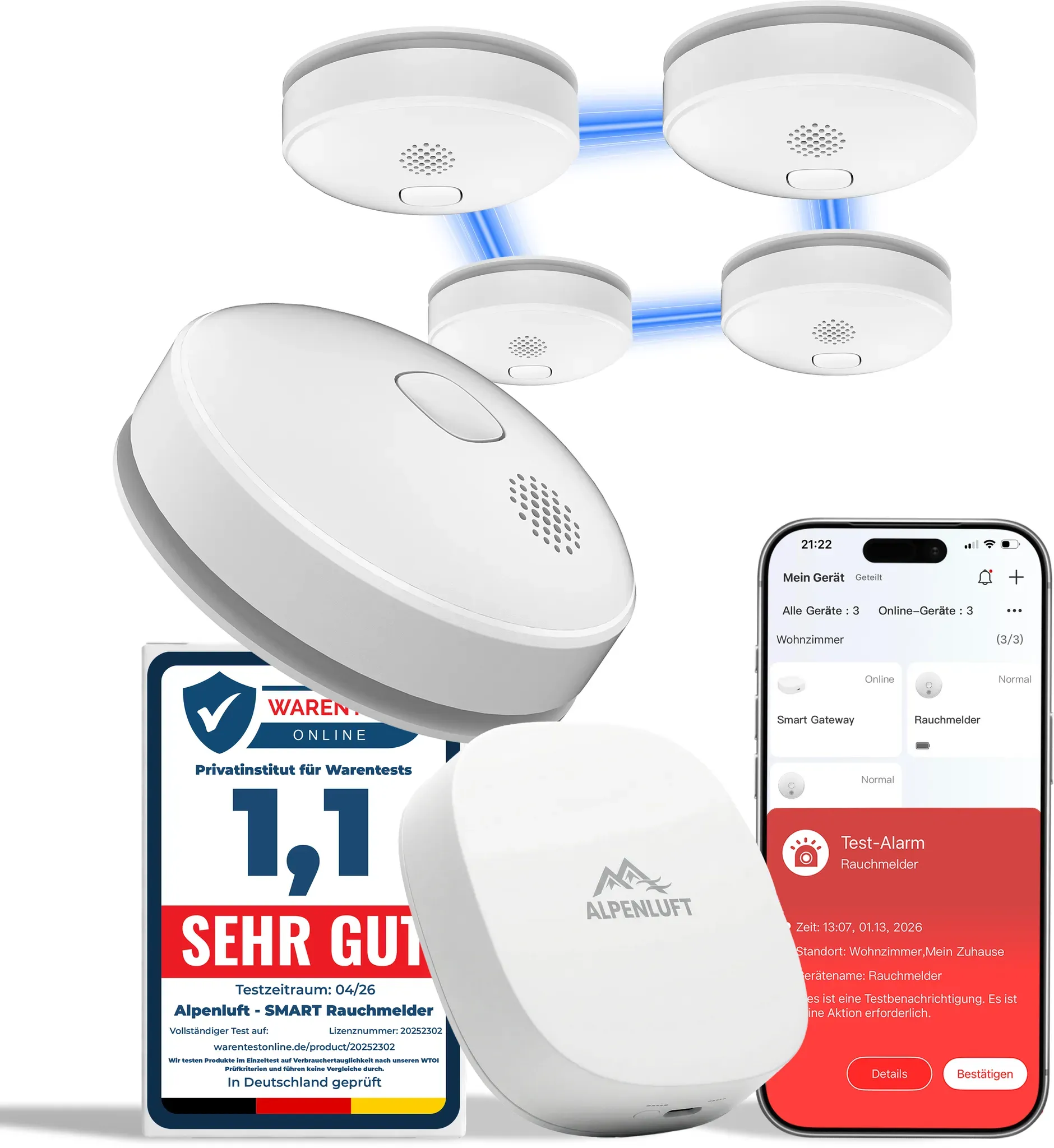 SMART Rauchmelder funkvernetzt - mit Smartphone App - 5x + Gateway