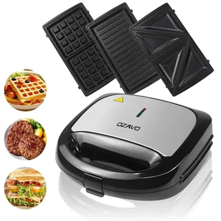 OZAVO Sandwichmaker 3 in 1, Waffeln, Paninitoaster, 3 abnehmbare Grillplatten, Tisch-Grill für Toast, Waffeln, Fleisch, Schwarz, 750W