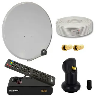PremiumX Satelliten-Komplettanlage 60cm Satellitenschüssel Single LNB 10m Antennen-Kabel FullHD TV SAT Receiver HDMI-Kabel
