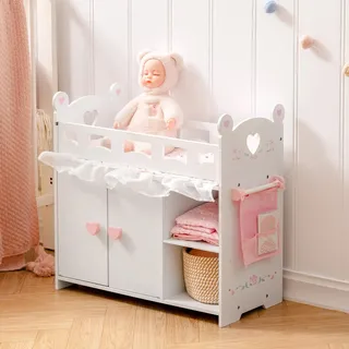 ROBUD Puppenbett mit Kleiderschrank – Holz Spielmöbel für Puppen bis 55 cm, mit Zubehör & großem Stauraum, Weiß