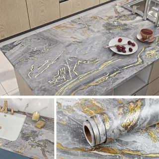 Livelynine Klebefolie Küche Marmor Grau Gold 40CMx5M Abwaschbare Arbeitsplatte Folie Küche Selbstklebende Tapete Badezimmer Schlafzimmer Wohnzimmer Wand Marmor Folie Selbstklebend Gold