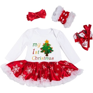 BabyPreg Mein erstes Baby Mädchen Weihnachten Outfit Neugeborenes Weihnachten Kleid Kostüm Partykleid 4Pcs(12-18 Monate, Baum)