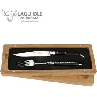 Laguiole en Aubrac - 1 Steakmesser und 1 Gabel als Set - Griff poliertes Büffelhorn - Original Frankreich mit Zertifikat