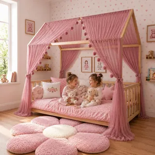 Baby Fancyroom Hausbett Himmel Betthimmel für Kinderbett Kinderzimmer Baldachin Bettvorhang Betthimmel für Mädchen Prinzessin Zimmer (Altrosa, 300cm, mit Pompomgirlande)