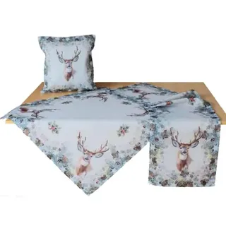 Tischdecke Tischläufer Mitteldecke Kissenhülle Weihnachten mit Lurexfäden Hirsch Motiv dezente Farben (Kissenhülle 40 x 40 cm)
