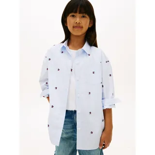 Hemdbluse TOMMY HILFIGER "STRIPED STAR SHIRT LONG SLEEVE", Mädchen, Gr. 14 (164), blau (sweet blau stripes), Popeline, Obermaterial: 100% Baumwolle, bestickt, gestreift, regular fit hüftbedeckend, 1-Knopf-Manschette, Blusen Hemdbluse, Kinder bis 16 Jahre, mit Stickereien