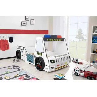 Aileenstore Kinderbett Rio Firetruck 90 x 200 cm Holz massiv weiß hochglänzend