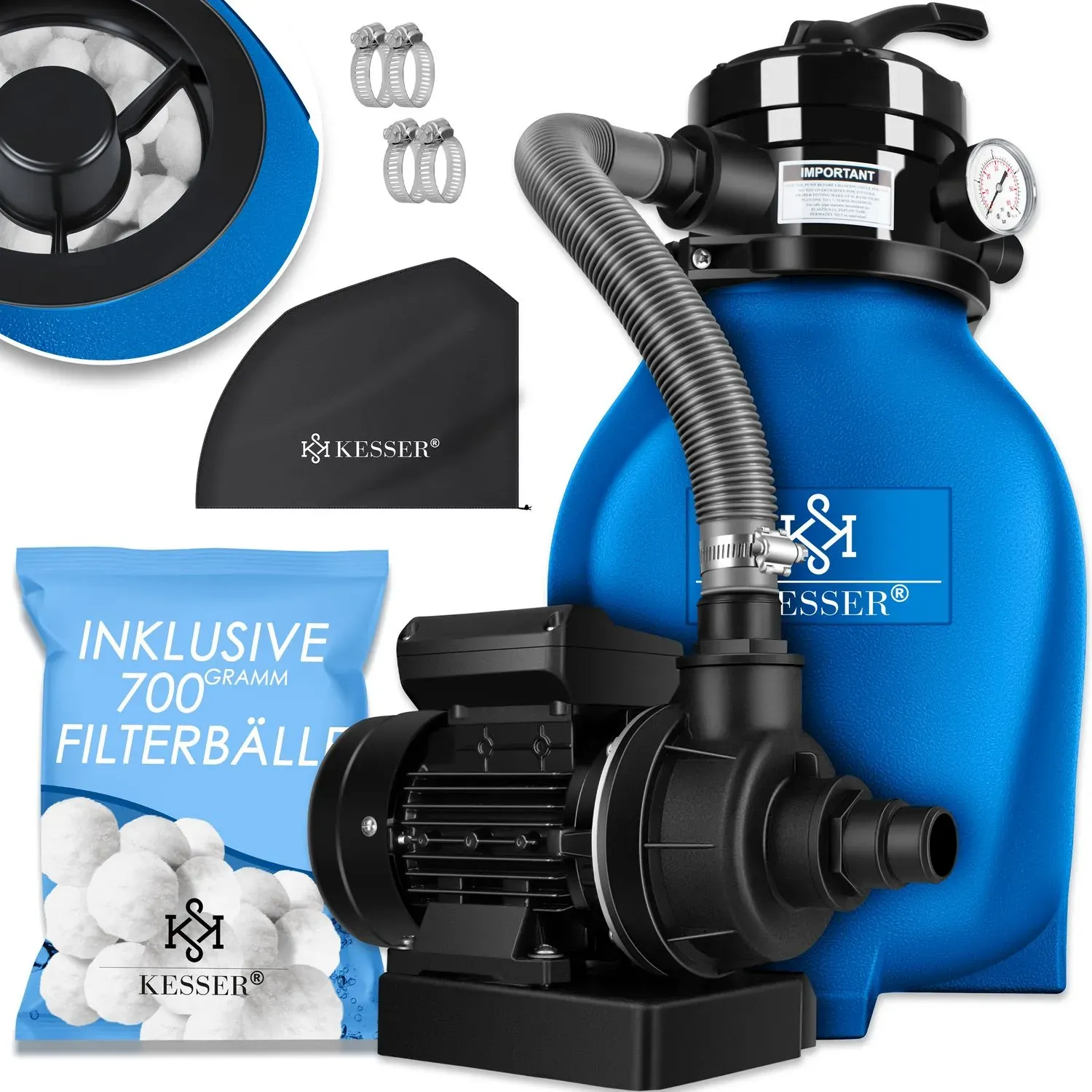 KESSER&reg; Sandfilteranlage Sandfilter + 700g Filterb&auml;lle ersetzen 25kg Filtersand 7-Wege Ventil mit Druckanzeige