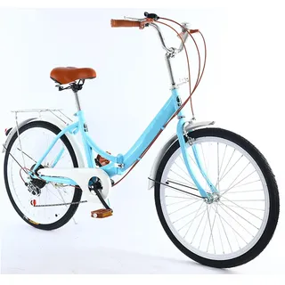 VHVYWY Faltrad für Erwachsene 24 Zoll Rennrad Faltrad Verstellbares Schnellfaltsystem 7 Bremsen Fahrrad+Rücklicht+Korb+Glocke für Damen Blue