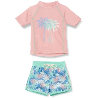 Playshoes Unisex Kinder UV-Schutz Bade-Set zweiteilig Schwimmshirt Badeshorts Badebekleidung, Palmen Koralle, 74/80