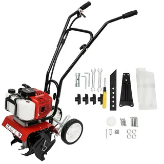 52CC 2-Takt Gartenfräse, Bodenhacke, Mini Kultivator, Gartenfräse Benzin, Bodenfräse mit 2 Räder, Motorhacke Benzin, 1900W, 6500-7000r/min, Arbeitsbreite 30cm, Arbeitstiefe 10cm, zum Pflügen, Ackern,