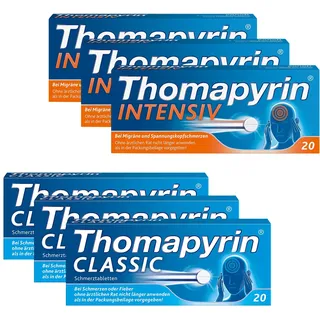 Thomapyrin CLASSIC bewährte 3-fach Kombination bei akuten Kopfschmerzen 3 x 20 Stk + Thomapyrin INTENSIV hochdosierte 3-fach Kombination bei Migräne und intensiveren Kopfschmerzen | Vorteils-Packung