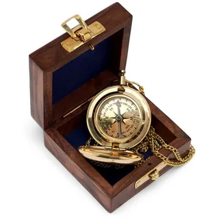 Nklaus 5cm Kompass Taschenuhrform aus Messing in Holzbox Peilkompass Richtungsanzeiger 11674