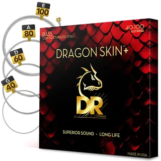 DR Strings DRAGON SKIN+ – Saiten E-Bass, 4-Saiter Set, Quantum Nickel, Round Core, Light 40-100 - Handgefertigt in den USA