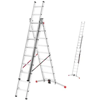 HAILO Leiter HobbyLOT, 3-teilige Alu-Kombileiter, 3 x 9 Sprossen, Aluminium Leiter, Lot-System, 150kg Belastbarkeit, Aluleiter ausziehbar, Anlegeleiter