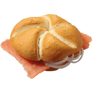 Deko Lachs-Brötchen 12 x 4 cm beige Dekorationsbedarf Naturgetreue Lebensmittel Attrappe - Künstliches Lachs-Semmel- Food Dummy Plastikessen - Dekoration