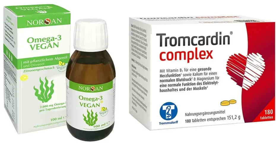 Omega 3 Vegan Algenöl flüssig Norsan & Tromcardin complex Tablet