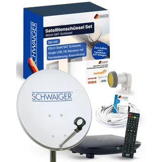 Schwaiger Satellitenschüssel Komplettset I Ø 60 cm Stahl Offset Antenne in hellgrau I Inkl. sonnengeschütztes Single LNB, HD SAT-Receiver mit Fernbedienung & Koaxialkabel I Digital HD Empfang