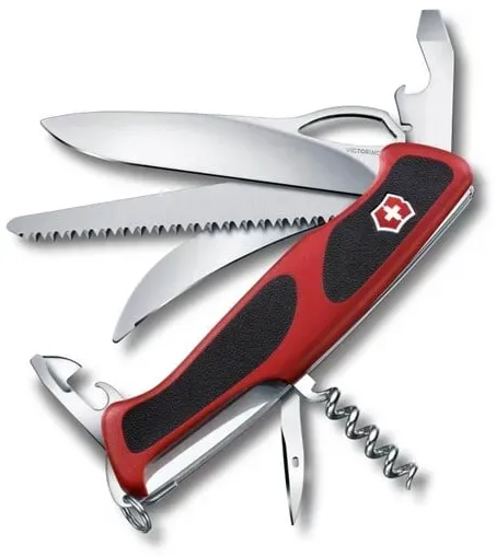 Victorinox Schweizer Taschenmesser, Ranger 57 M, Multitool, Swiss Army Knife mit 13 Funktionen, Einhand-Feststellklinge, Korkenzieher, rot/schwarz