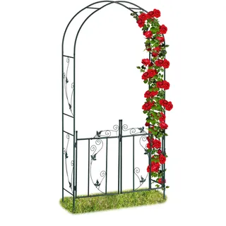 Relaxdays Rosenbogen mit Tür, Garten Rankhilfe Kletterpflanzen, Torbogen Metall, wetterfest, 230 x 113,5 x 36,5 cm, grün