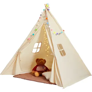 Vevor Spielzelt Kinder, Tipi-Zelt für Kinder 1–5 Jahre, Kleinkinderzelt mit Matte und dekorativen Plüschbällen, Zelt für Kinder mit Fenstern für drinnen &