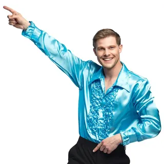 Boland - Disco Hemd mit Rüschen, Türkis, für Herren, Kostüm, Party Shirt, Schlagermove, 70er Jahre, Mottoparty, Karneval, Hellblau