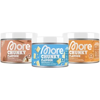 MORE NUTRITION Chunky Flavour, 3er Bundle, 3 x 150 g, Butterkeks, Milchreis Zimt, Weiße Schokolade, Geschmackspulver zum Süßen, ohne viel Zucker und Kalorien, mit Inulin und Laktase