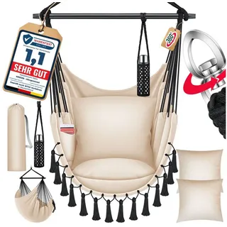 Kesser Hängesessel mit Kissen Getränkehalter Bücherfach - Safari xxl Hängestuhl für Erwachsene & Kinder Hängematte bis 150 kg Hängesitz Beige