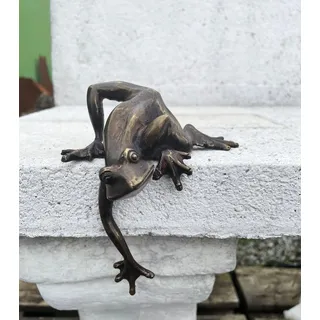 STEINFIGURENWELT GIEBEN Bronzefigur Kletterfrosch für Kante 13x12cm Dekoration aus Bronze Skulptur Tier Figur Frosch Kröte Kantensitzer Deko Geschenk Bronzestatue Wetterfest