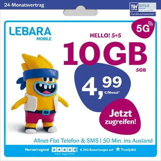 LEBARA Handytarif Hello! 5+5 | 10 GB Datenvolumen | 4,99€ mtl. | 5G mit bis zu 50 Mbit/s | Allnet-Flat Telefonie & SMS Deutschland inkl. EU-Roaming | 50 Auslandsminuten