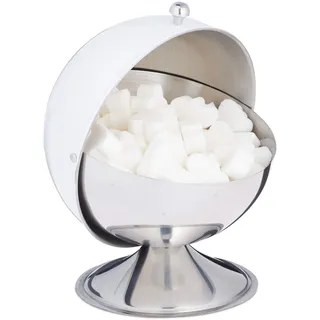 Relaxdays Zuckerdose, mit Rolldeckel, glänzender Edelstahl, für Zucker & Süßigkeiten, Bonbondose, Zuckerkugel, weiß, 1 Stück