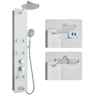 ROVOGO Duschpaneel mit Armatur Glas, Duschpaneele mit 6 Massagedüsen, Regendusche und 5 Modi Handbrause, Duschsäule Edelstahl mit Höhenverstellbar Duscharm/Duschkopf, Gebürstet