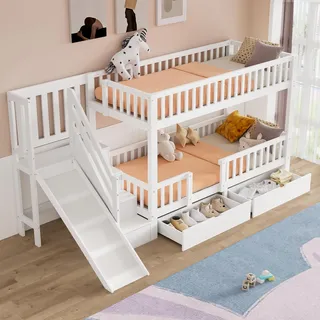 xixiworkshop Etagenbett mit Rutsche 90 x 200 cm MDF und Massivholz weiß