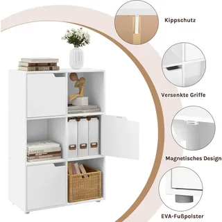 Woltu Bücherregal Bücherschrank Standregal Aufbewahrungregal Raumteiler Büroregal Aktenschrank, mit 3 Türen, 6 Fächer, 29 x 91 x 59,6 cm,Weiß SK001ws