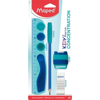 Maped - 4-tlg. Schul-Set KIDY LEARN CONCENTRATION - Lineal - Anspitzer - Radiergummi - Bleistift inkl. Silikonaufsatz - sensorische Stimulation - Verbesserung der Konzentration - von Lehrern empfohlen