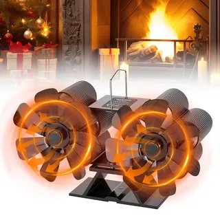 Dreamhigh® Ofenventilator mit Blättern, Kaminventilator Ohne Strom 14 Blätter, Wärmebetriebener Ofenventilator mit Doppelmotoren, Leiser, für Ofen/Holzbrenner/Kamin