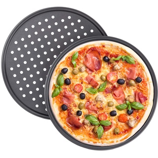 Relaxdays Pizzablech, 2er Set, rund, gelocht, antihaft, Pizza & Flammkuchen, Carbonstahl, Knusperblech, ∅ 32 cm, grau, Anthrazit